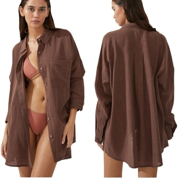 Cotton On Body Organic Cotton Swim Cover Up Beach Shirt Chocolate Size S NWT - Picture 13 of 13